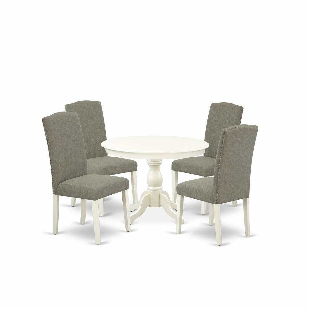 East West Furniture HBEN5-LWH-06 5 Piece Dining Table Set - Linen White Modern Dining Table and 4 Dark Shitake Linen Fabric Modern Dining Chairs with High Back - Linen White Finish. Picture 1