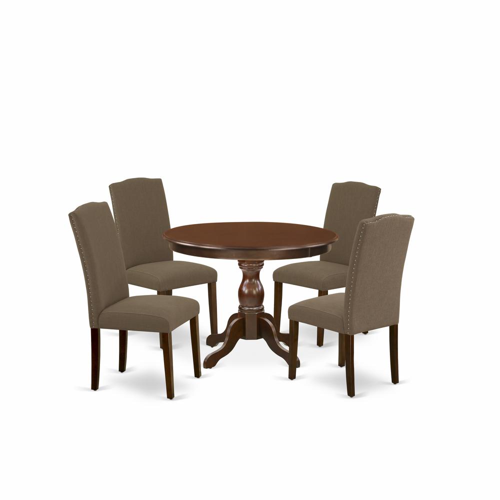 East West Furniture HBEN5-MAH-18 5 Piece Kitchen Table Set - Mahogany Dining Table and 4 Dark Coffee Linen Fabric Kitchen & Dining Chairs Button Tufted Back with Nail Heads - Mahogany Finish. Picture 1