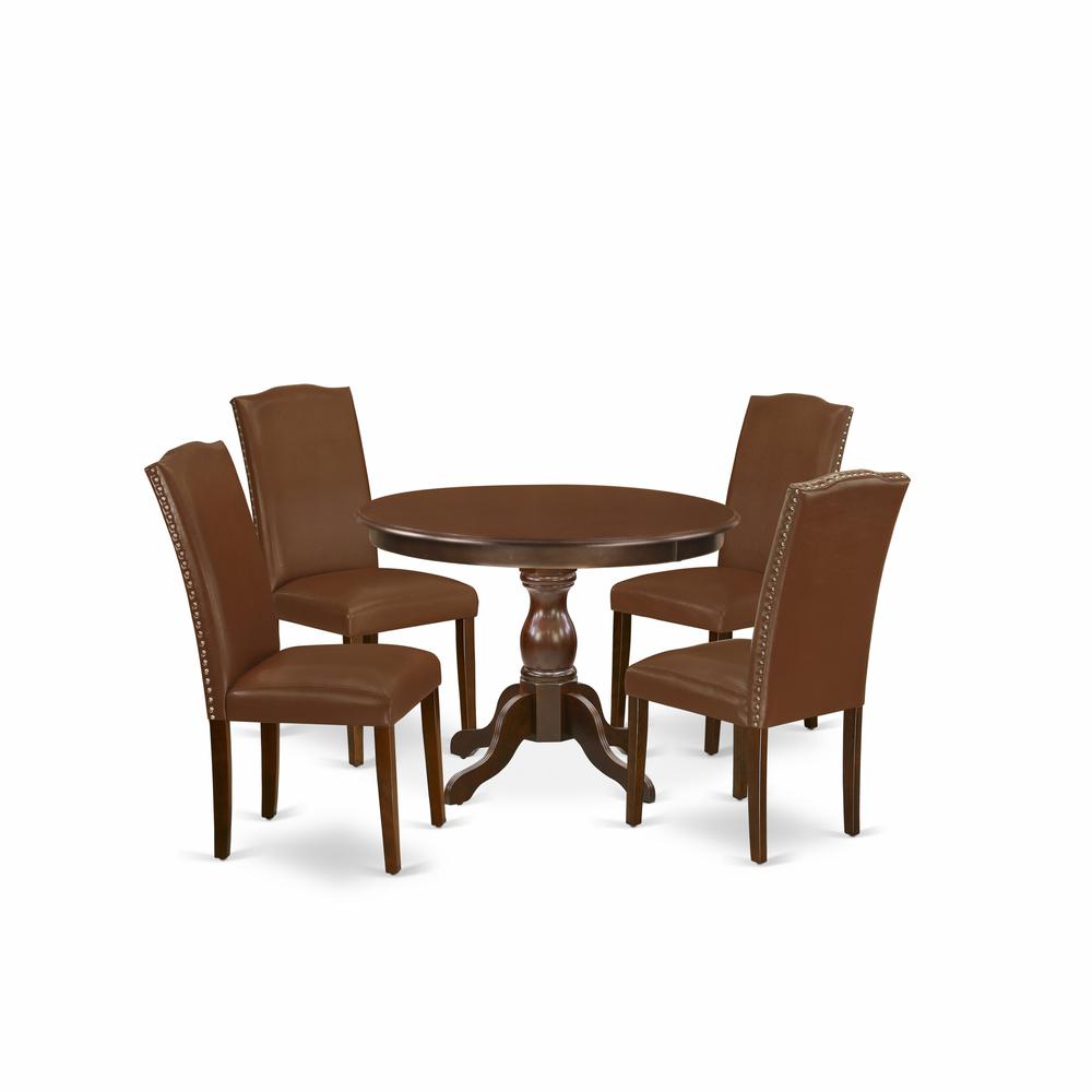 East West Furniture HBEN5-MAH-66 5 Piece Dining Table Set - Mahogany Round Dining Table and 4 Brown Faux Leather Parson Dining Chairs with High Back - Mahogany Finish. Picture 1