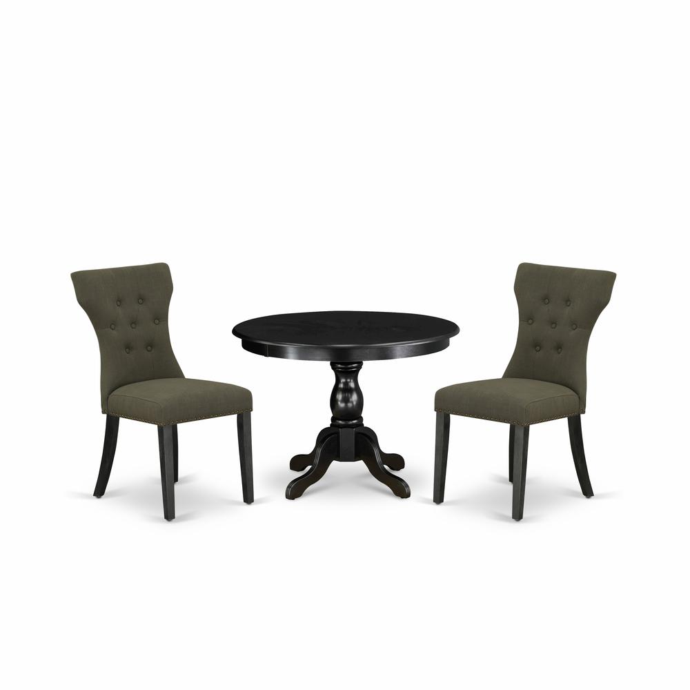 East West Furniture HBGA3-ABK-50 3 Piece Dining Table Set - Black Wood Table and 2 Dark Gotham Grey Linen Fabric Dining Chairs Button Tufted Back with Nail Heads - Wire Brushed Black Finish. Picture 1