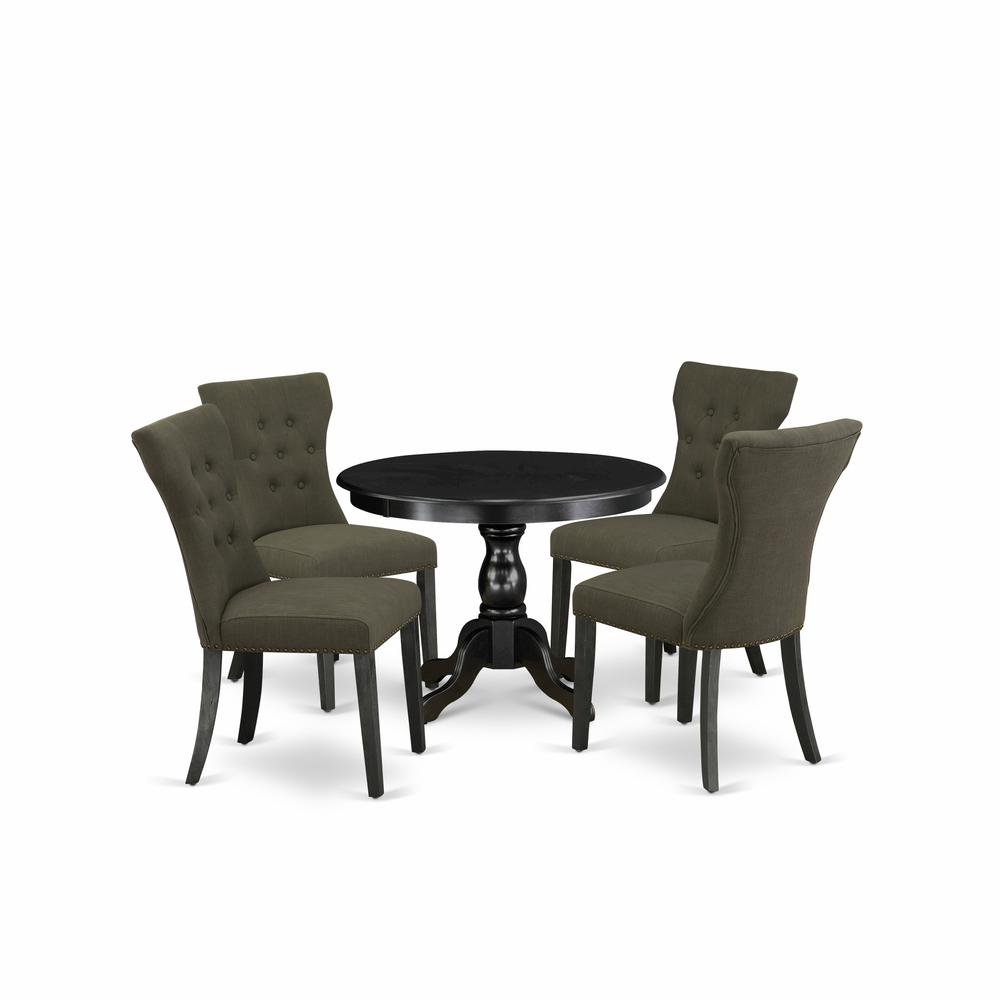 East West Furniture HBGA5-ABK-50 5 Piece Dining Set - Black Breakfast Table and 4 Dark Gotham Grey Linen Fabric Dining Chairs Button Tufted Back with Nail Heads - Wire Brushed Black Finish. Picture 1