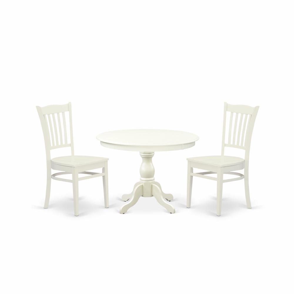 East West Furniture HBGR3-LWH-W 3 Piece Table Set - Linen White Round Dining Table and 2 Linen White Kitchen Chairs with Slatted Back - Linen White Finish. Picture 1