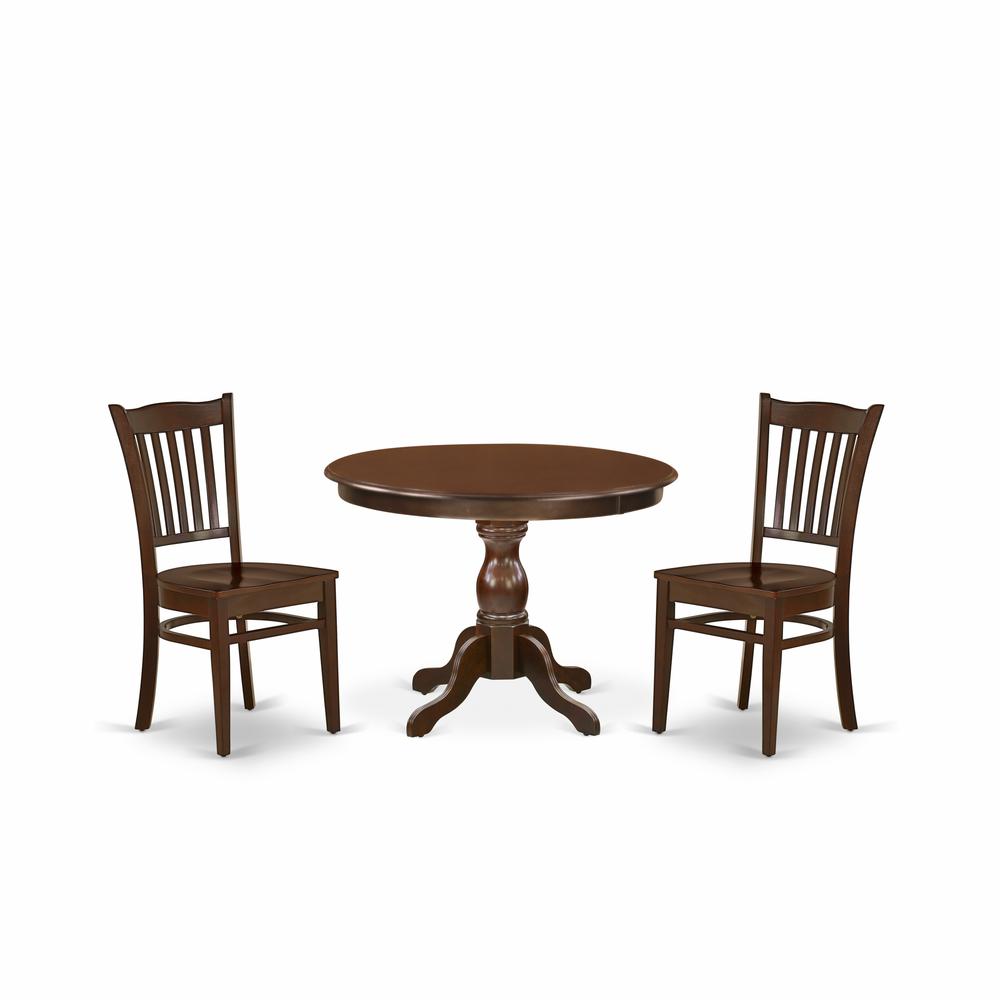 East West Furniture HBGR3-MAH-W 3 Piece Dining Room Set - Mahogany Wood Table and 2 Mahogany Kitchen & Dining Room Chairs with Slatted Back - Mahogany Finish\. Picture 1