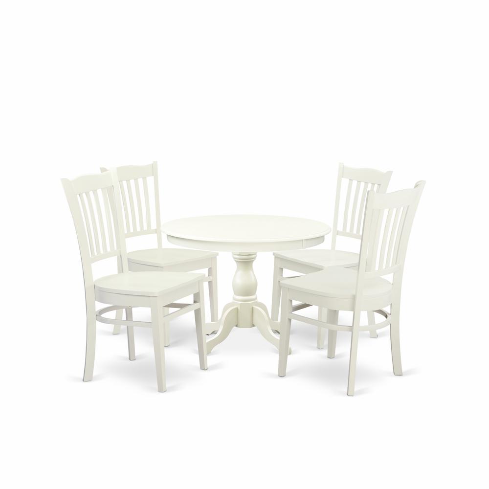 East West Furniture HBGR5-LWH-W 5 Piece Table and Chairs Dining Set - Linen White Wood Table and 4 Linen White Wooden Chairs with Slatted Back - Linen White Finish. Picture 1