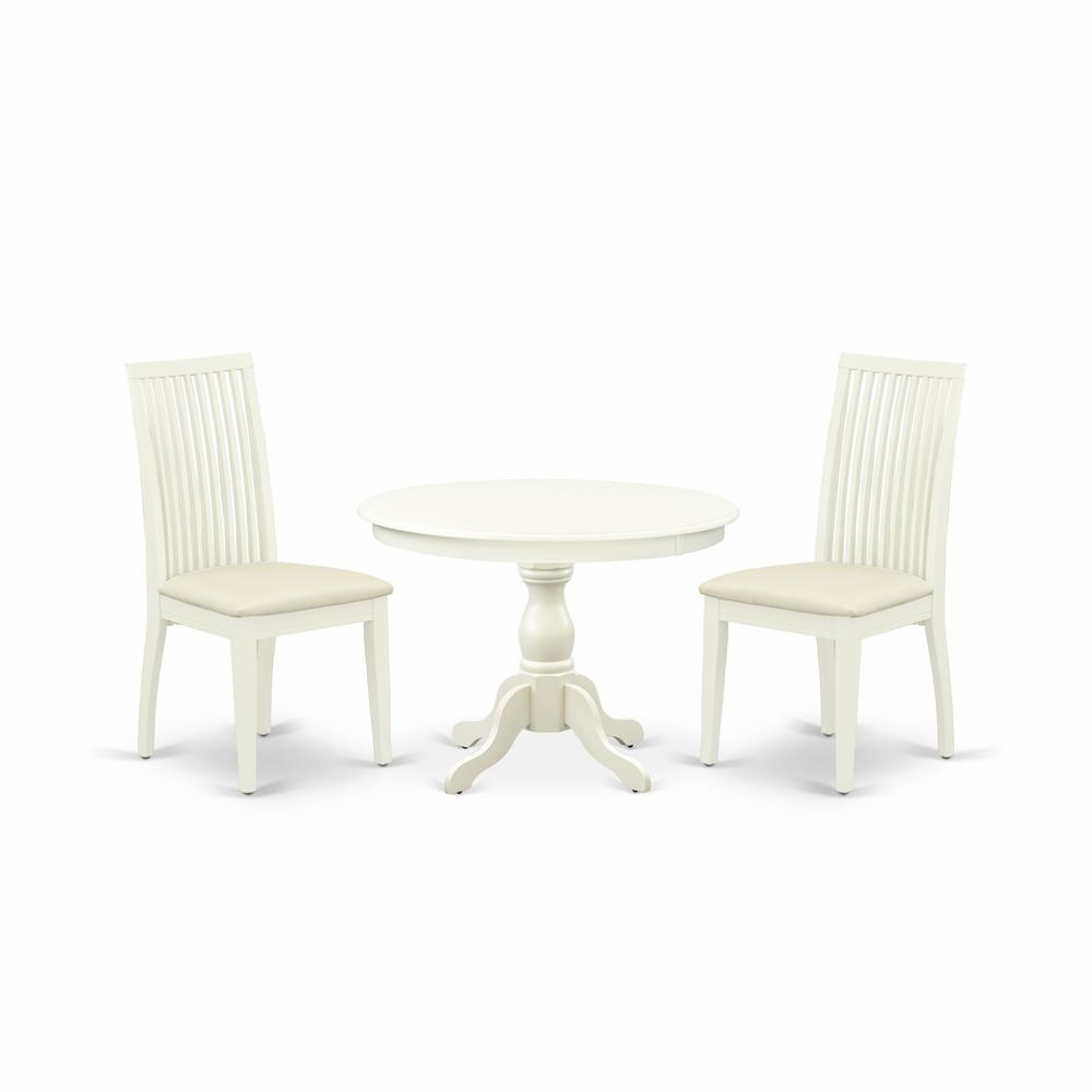 East West Furniture HBIP3-LWH-C 3 Piece Kitchen Dining Table Set - Linen White Round Dining Table with 2 Linen White Dining Room Chairs with Slatted Back - Linen White Finish. Picture 1