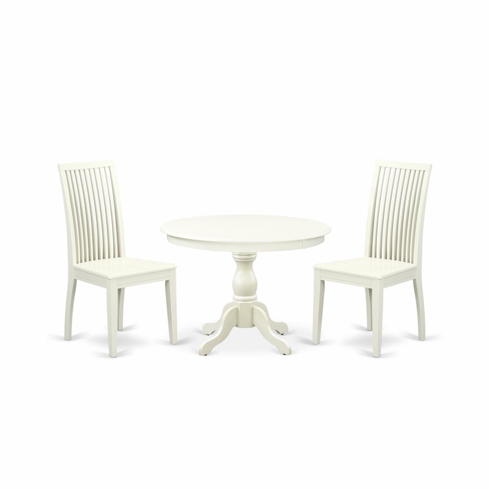 East West Furniture HBIP3-LWH-W 3 Piece Kitchen Table Set - Linen White Wood Dining Table and 2 Linen White Wooden Dining Chairs with Slatted Back - Linen White Finish. Picture 1