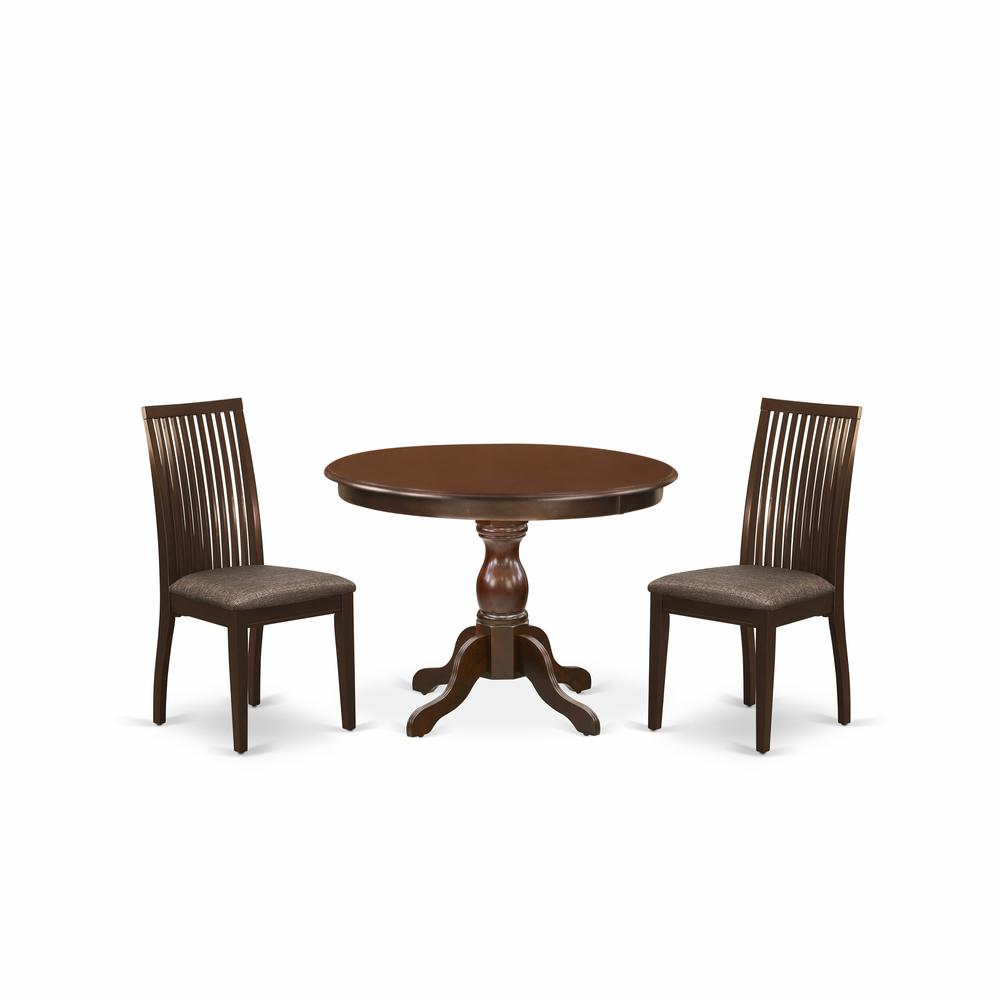 East West Furniture HBIP3-MAH-C 3 Piece Table and Chairs Dining Set - Mahogany Wood Dining Table and 2 Mahogany Linen Fabric Chairs for Dining Room with Slatted Back- Mahogany Finish. Picture 1