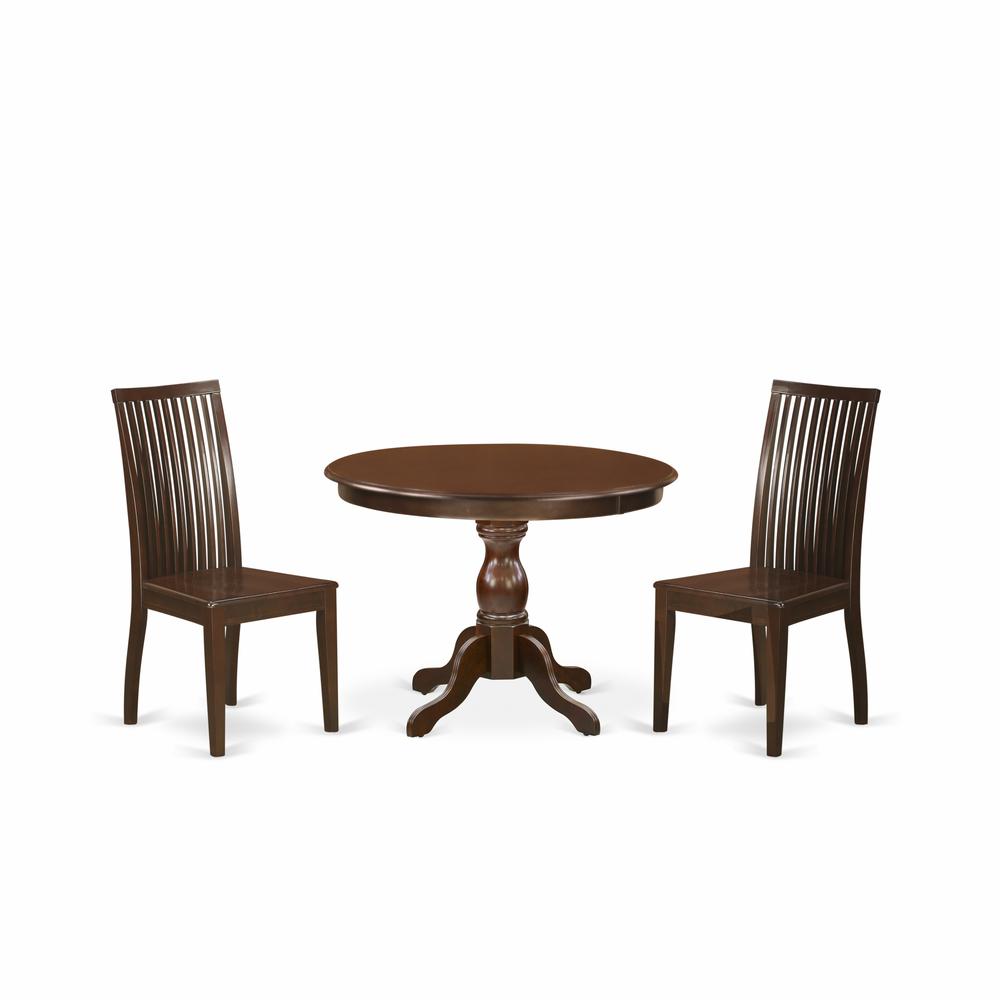 East West Furniture HBIP3-MAH-W 3 Piece Dining Set - Mahogany Small Dining Table and 2 Mahogany Wood Dining Chairs with Slatted Back - Mahogany Finish. Picture 1