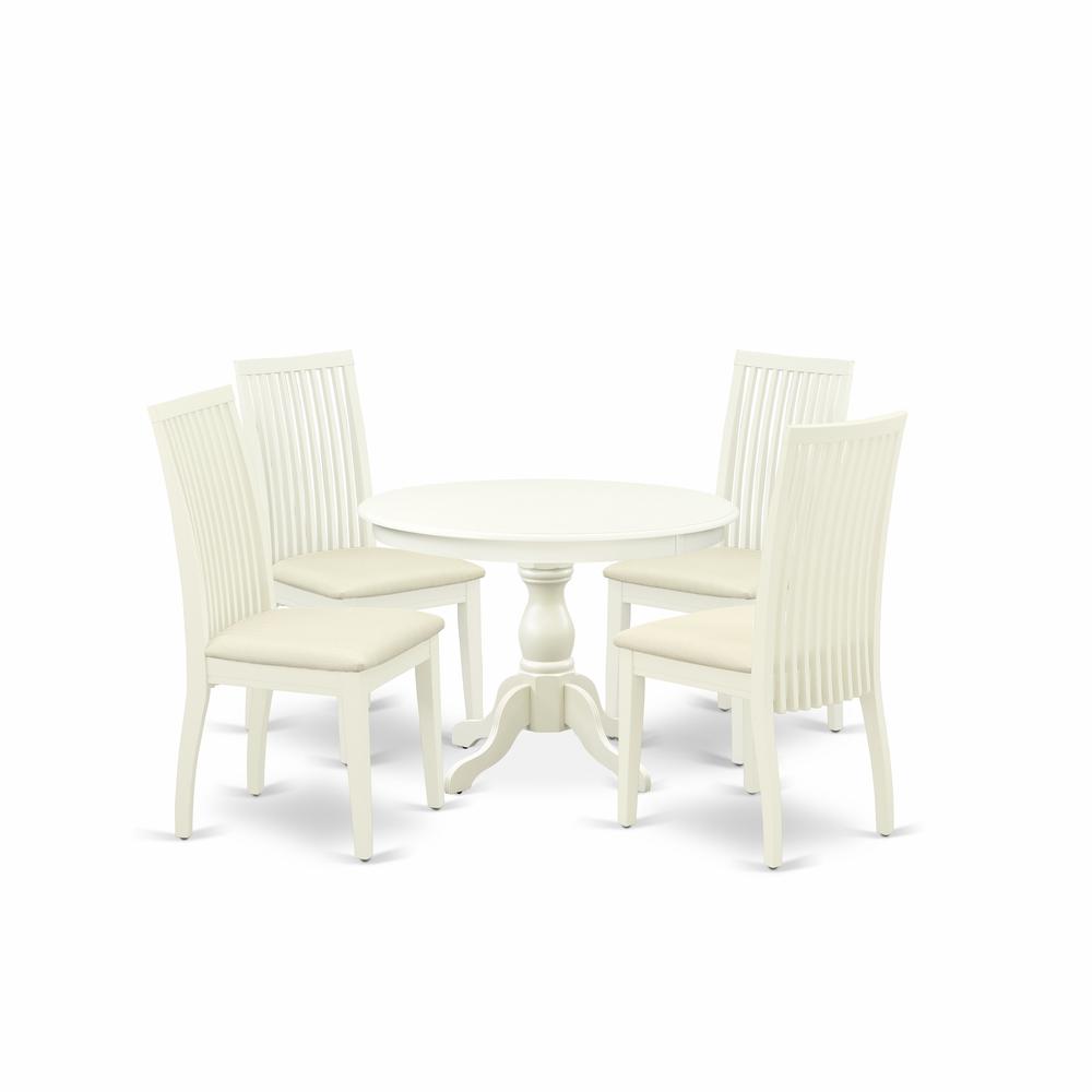 East West Furniture HBIP5-LWH-C 5 Piece Dining Room Table Set - Linen White Small Dining Table and 4 Linen White Chairs for Dining Room with Slatted Back - Linen White Finish. Picture 1