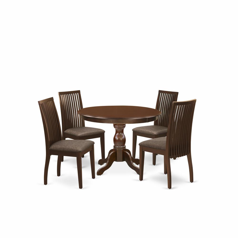East West Furniture HBIP5-MAH-C 5 Piece Kitchen Dining Table Set - Mahogany Dinner Table and 4 Mahogany Linen Fabric Dining Room Chairs with Slatted Back - Mahogany Finish. Picture 1