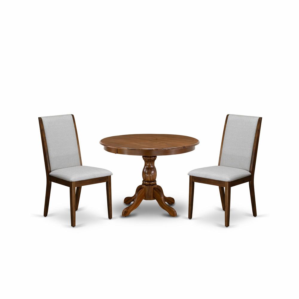 East West Furniture HBLA3-AWA-05 3 Piece Table and Chairs Dining Set - Acacia Walnut Dining Room Table and 2 Grey Linen Fabric Kitchen & Dining Room Chairs with High Back - Acacia Walnut Finish. Picture 1