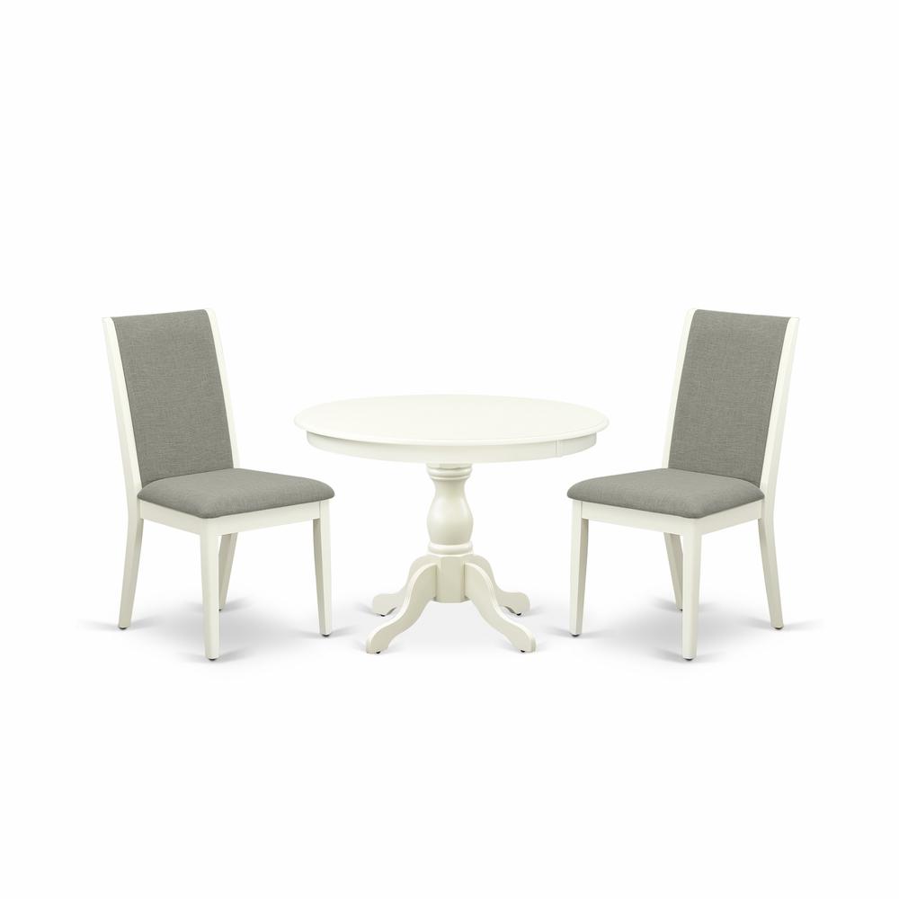 East West Furniture HBLA3-LWH-06 3 Piece Dining Room Set - Linen White Round Dining Table and 2 Shitake Linen Fabric Modern Chairs with High Back - Linen White Finish. Picture 1