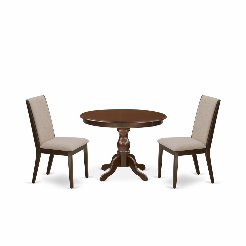 East West Furniture HBLA3-MAH-04 3 Piece Dining Room Table Set - Mahogany Breakfast Table and 2 Light Tan Linen Fabric Kitchen & Dining Room Chairs with High Back - Mahogany Finish. Picture 1
