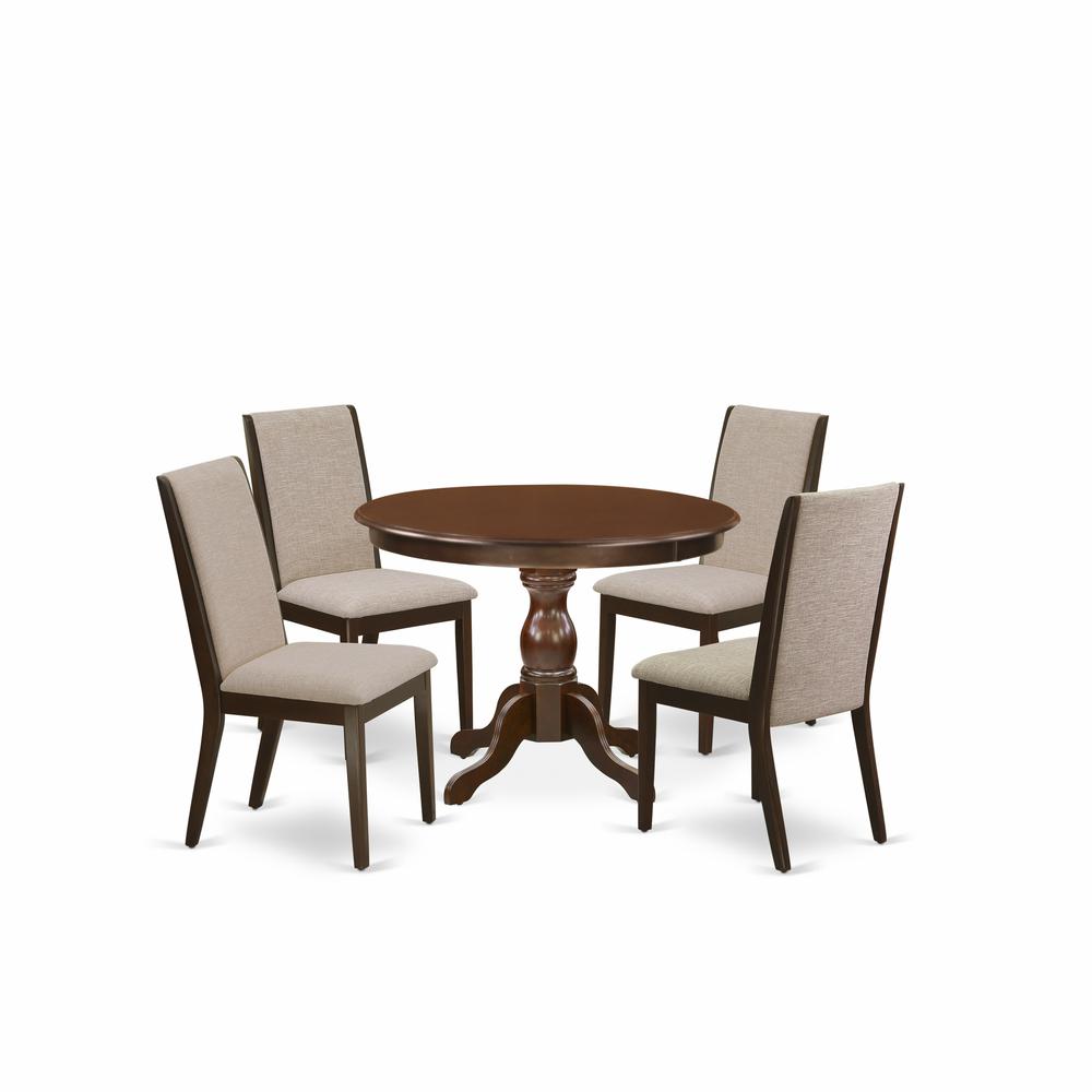 East West Furniture HBLA5-MAH-04 5 Piece Kitchen Set - Mahogany Round Dining Table and 4 Light Tan Linen Fabric Kitchen Chairs with High Back - Mahogany Finish. Picture 1