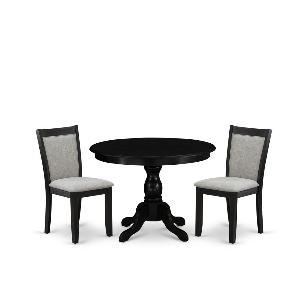 East West Furniture 3-Pc Dining Table Set Contains a Dining Room Table and 2 Shitake Linen Fabric Dining Room Chairs - Wire Brushed Black Finish. Picture 2