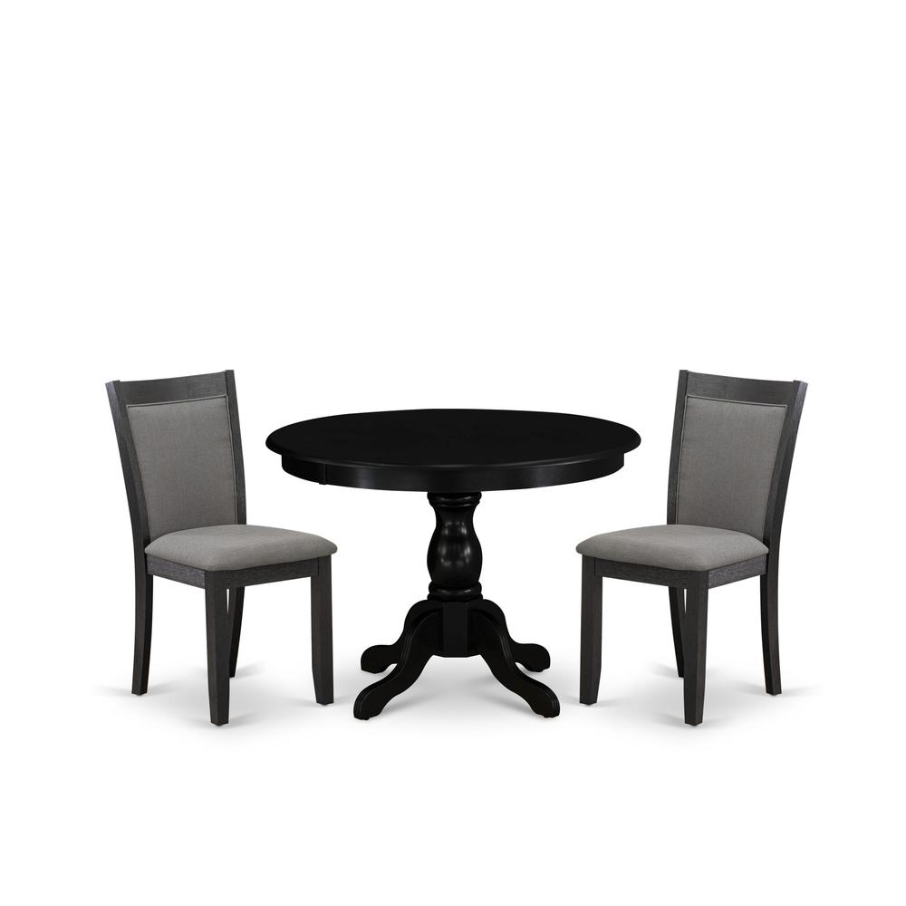East West Furniture 3-Piece Dining Table Set Contains a Dinner Table with Drop Leaves and 2 Dark Gotham Grey Linen Fabric Parsons Chairs - Wire Brushed Black Finish. Picture 2