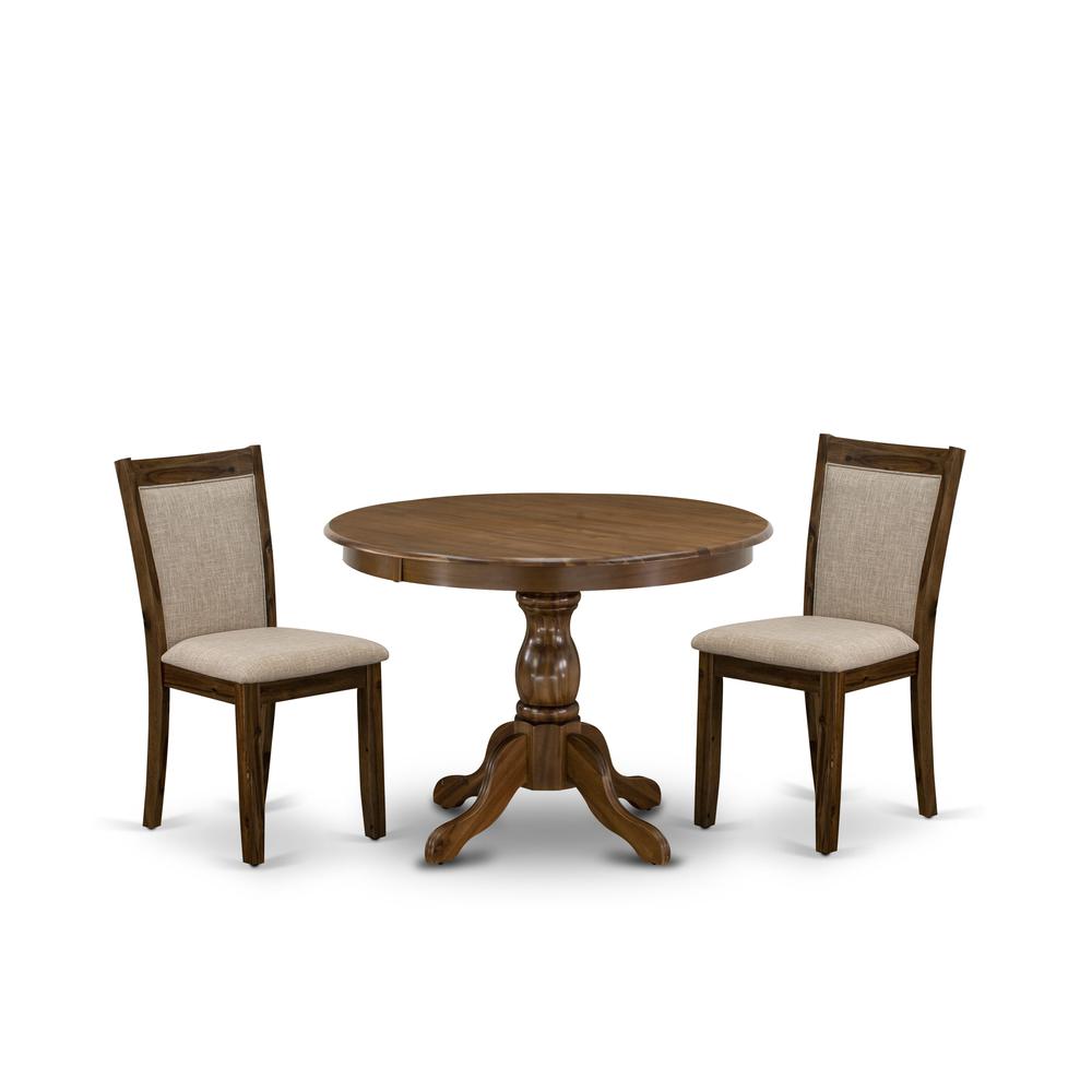 HBMZ3-AWN-04 3-Pc Dining Room Set Contains a Pedestal Table and 2 Light Tan Kitchen Chairs - Sand Blasting Antique Walnut Finish. Picture 2