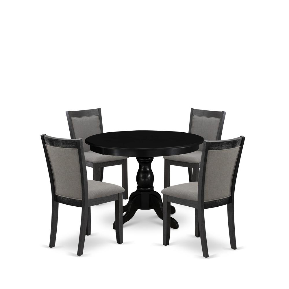 East West Furniture 5-Piece Kitchen Room Table Set Includes a Pedestal Dining Table and 4 Dark Gotham Grey Linen Fabric Upholstered Dining Chairs - Wire Brushed Black Finish. Picture 2