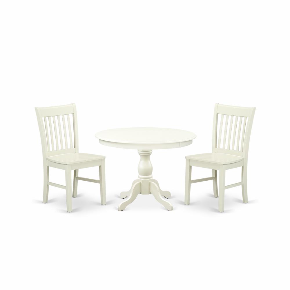 East West Furniture HBNF3-LWH-W 3 Piece Dining Room Table Set - Linen White Dining Room Table and 2 Linen White Dining Room Chairs with Slatted Back - Linen White Finish. Picture 1