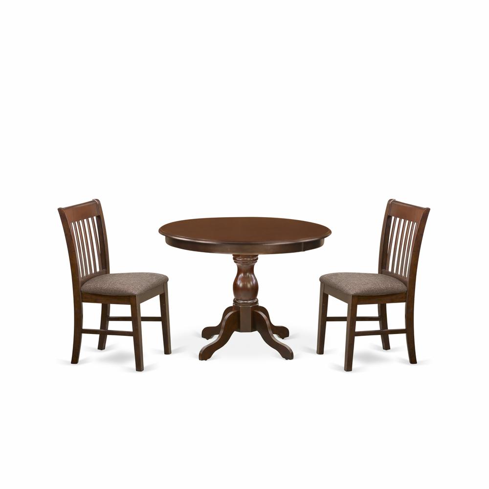 East West Furniture HBNF3-MAH-C 3 Piece Kitchen Dining Table Set - Mahogany Small Dining Table and 2 Mahogany Linen Fabric Dining Chairs with Slatted Back - Mahogany Finish. Picture 1