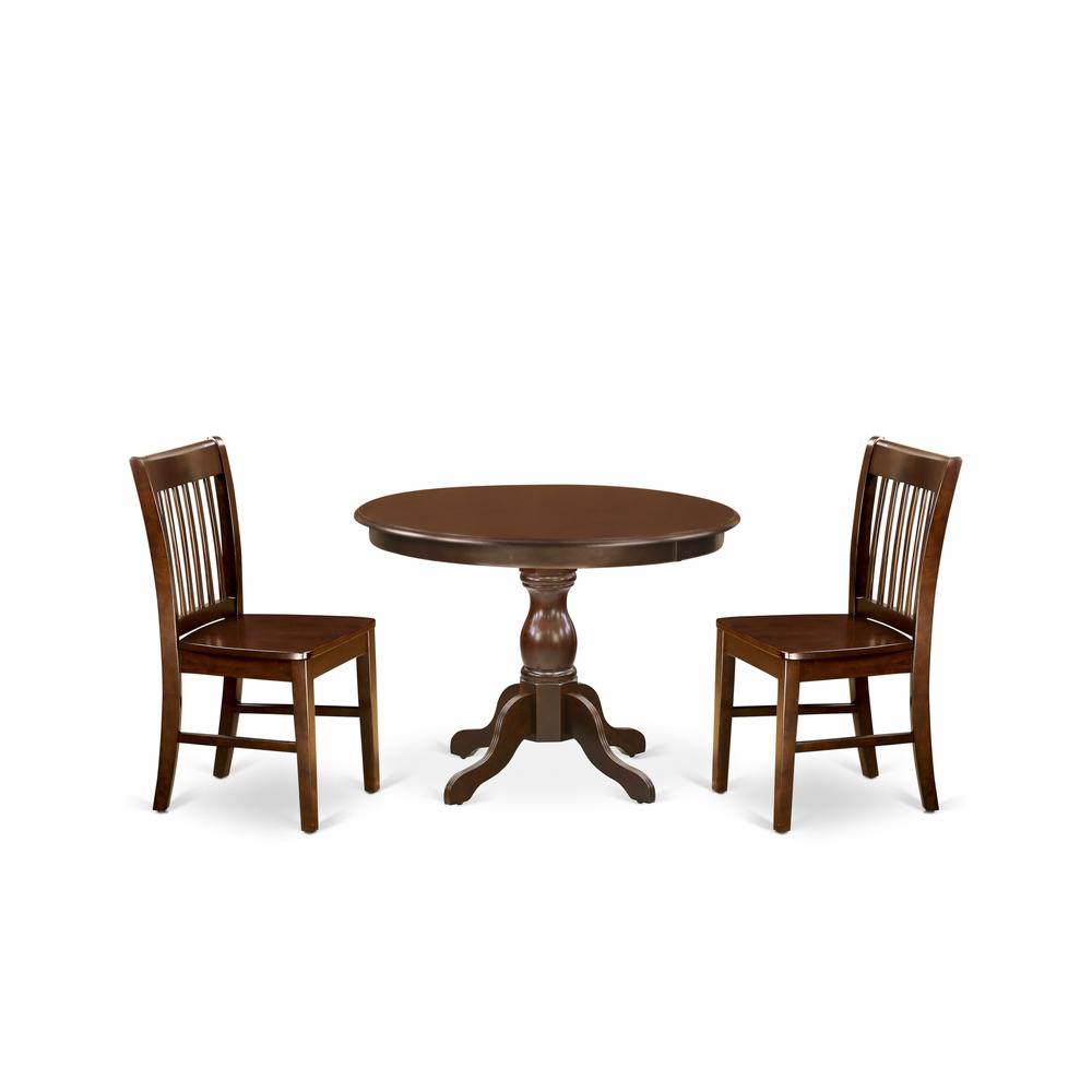 East West Furniture HBNF3-MAH-W 3 Piece Modern Dining Table Set - Small Kitchen Table and 2 Mahogany Wooden Kitchen & Dining Room Chairs Button Tufted Back with Nail Heads - Mahogany Finish. Picture 1