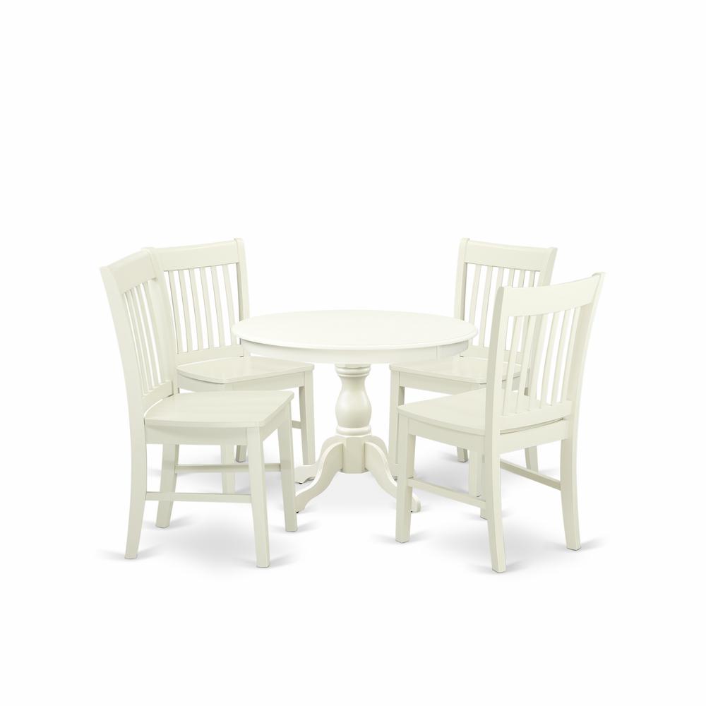 East West Furniture HBNF5-LWH-W 5 Piece Dining Room Table Set - Linen White Dining Table and 4 Linen White Kitchen Chairs with Slatted Back - Linen White Finish. Picture 1