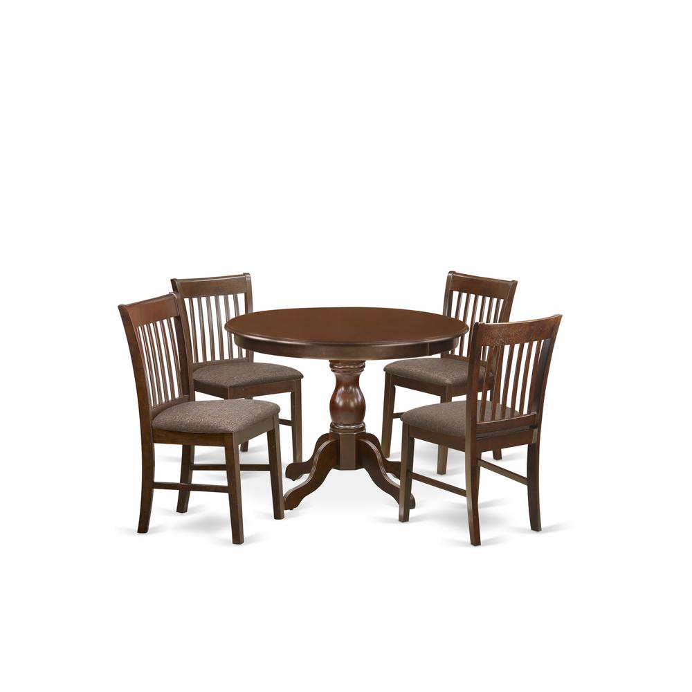East West Furniture HBNF5-MAH-C 5 Piece Kitchen Table Set - Mahogany Wood Table and 4 Mahogany Linen Fabric Kitchen Chairs with Slatted Back - Mahogany Finish. Picture 1