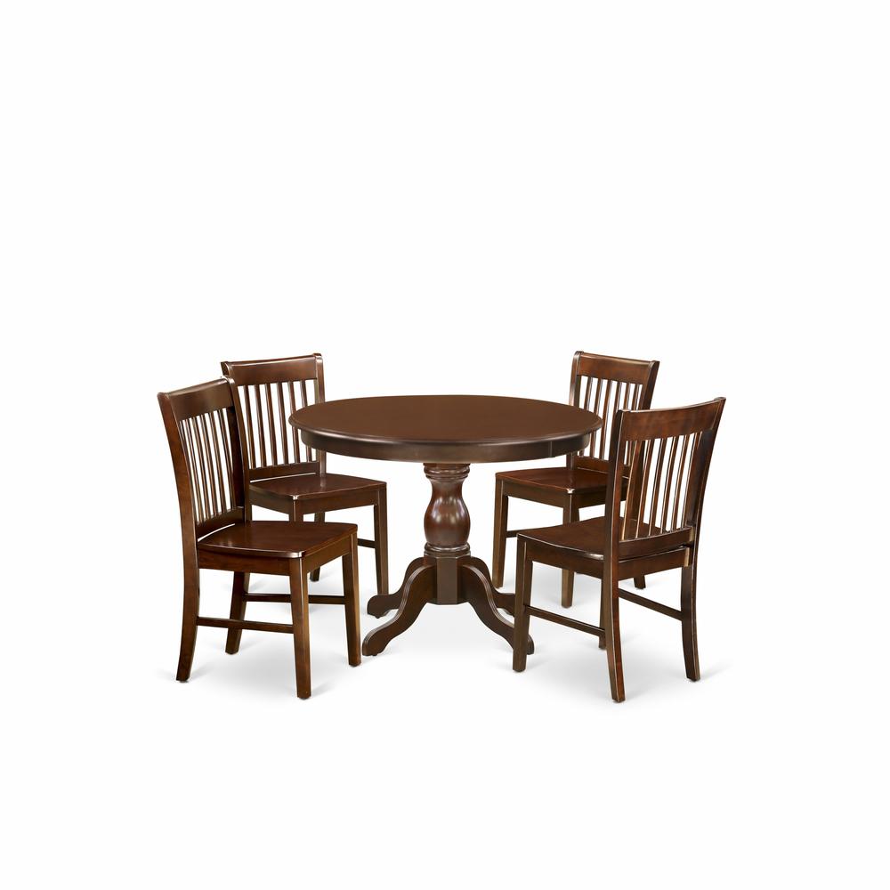 East West Furniture HBNF5-MAH-W 5 Piece Dining Set - Dining Table and 4 Mahogany Wooden Dining Room Chairs Button Tufted Back with Nail Heads - Mahogany Finish. Picture 1