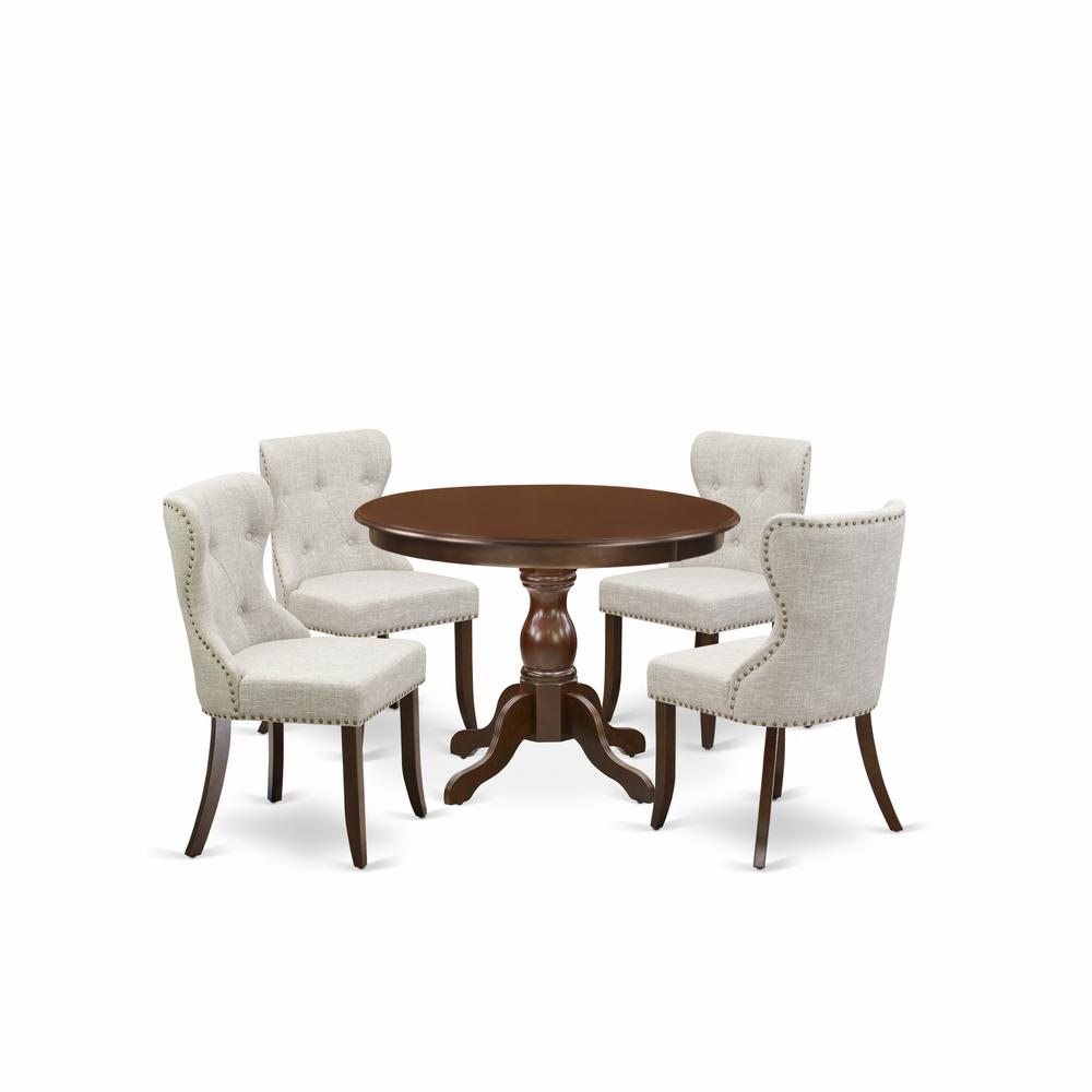 East West Furniture HBSI5-MAH-35 5 Piece Dining Room Set - Mahogany Kitchen Table and 4 Doeskin Linen Fabric Parson Dining Chairs Button Tufted Back with Nail Heads - Mahogany Finish. Picture 1