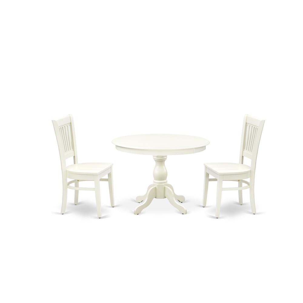East West Furniture - HBVA3-LWH-W - 3-Pc Modern Dining Table Set- 2 Dining Chair and Wooden Dining Table - Wooden Seat and Slatted Chair Back - Linen White Finish. Picture 1