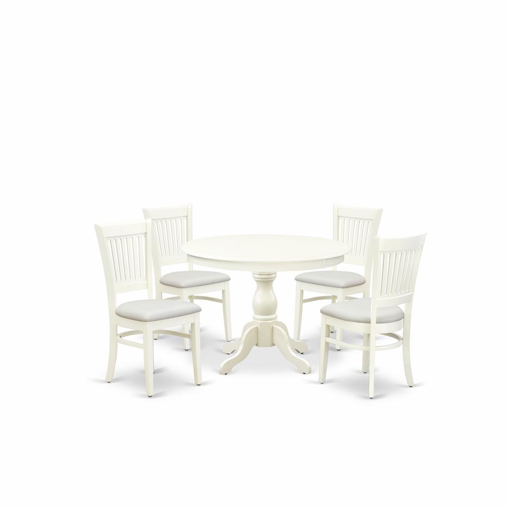 East West Furniture - HBVA5-LWH-C - 5-Piece Modern Dining Table Set- 4 Dining Room Chairs and Breakfast Table - Linen Fabric Seat and Slatted Chair Back - Linen White Finish. Picture 1