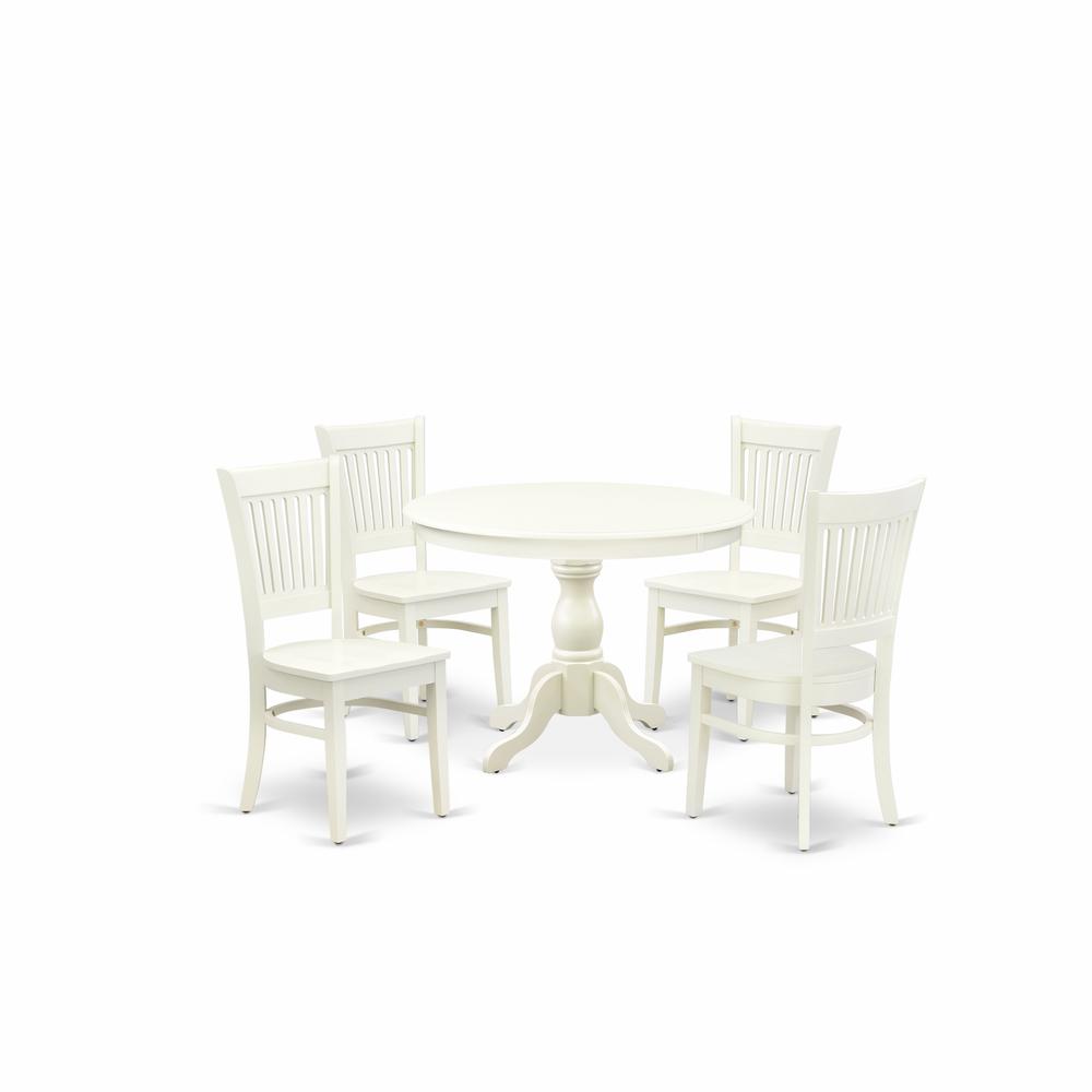 East West Furniture - HBVA5-LWH-W - 5-Pc Kitchen Table Set- 4 Dining Room Chairs and Modern Round Dining Table - Wooden Seat and Slatted Chair Back - Linen White Finish. Picture 1
