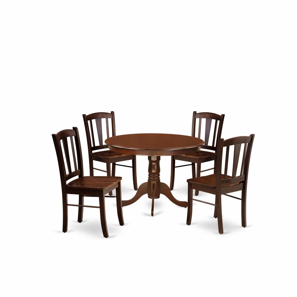HLDL5-MAH-W - 5-Pc Kitchen Dining Room Set- 4 Kitchen Chair and Modern Kitchen Table - Wooden Seat and Slatted Chair Back - Mahogany Finish. Picture 2