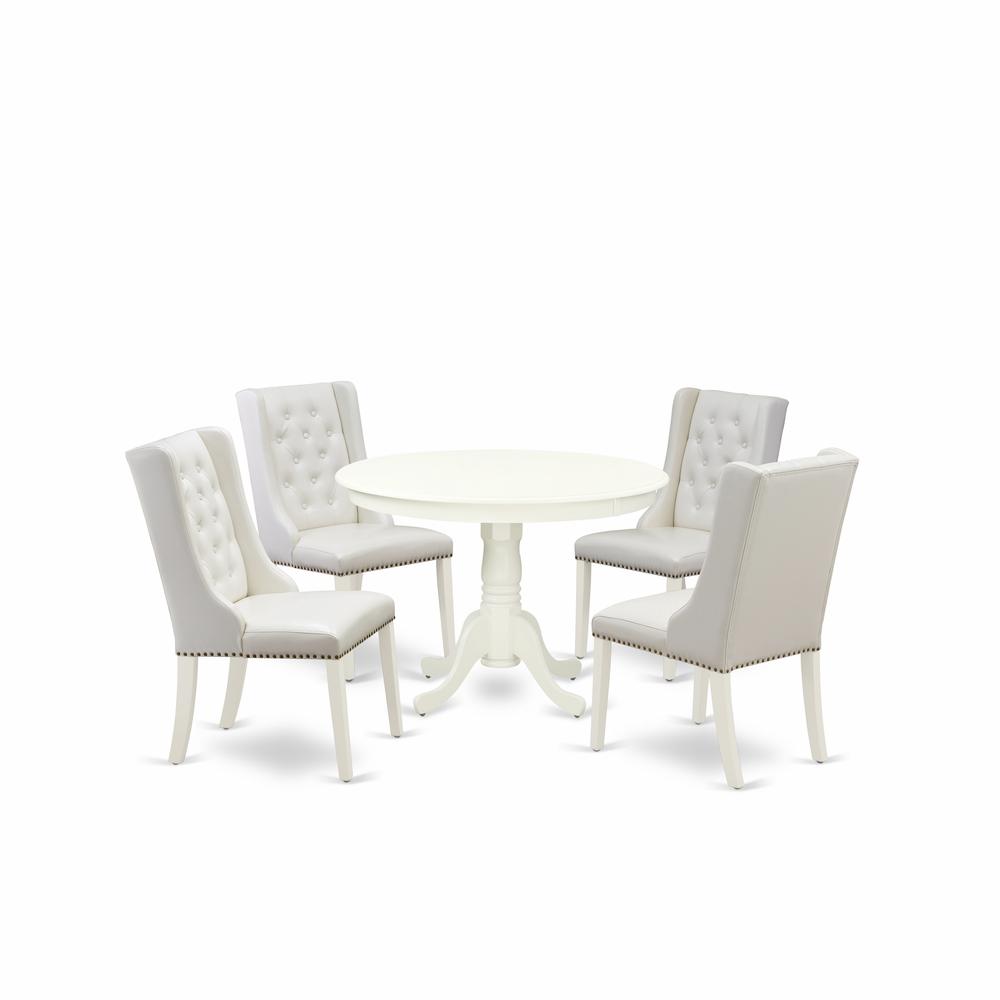 East West Furniture HLFO5-LWH-44 5-Piece Dinette Room Set Includes 1 Pedestal Dining Room Table and 4 Light Grey Linen Fabric Kitchen Chairs with Button Tufted Back - Linen White Finish. Picture 1