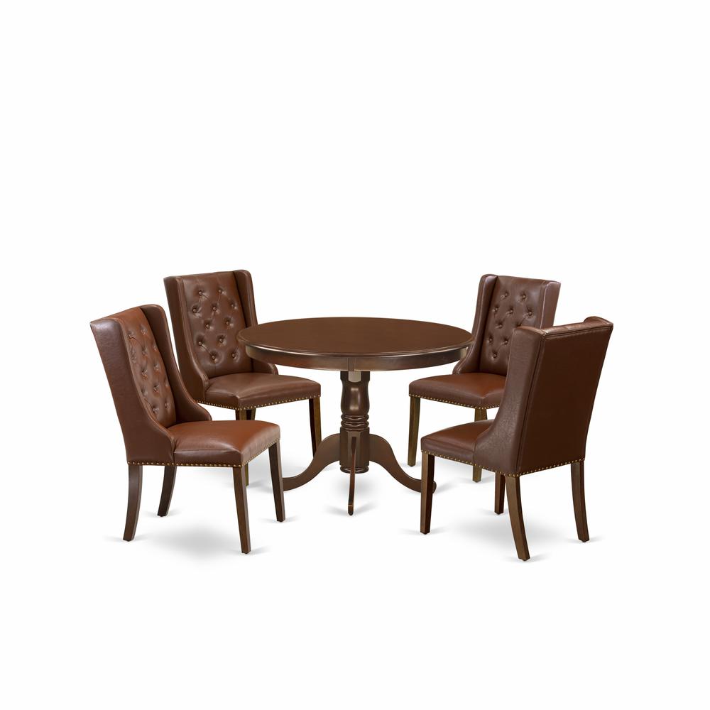 East West Furniture HLFO5-MAH-46 5-Piece Dinette Room Set Includes 1 Modern Round Dining Table and 4 Brown Linen Fabric Mid Century Dining Chairs with Button Tufted Back - Mahogany Finish. Picture 1