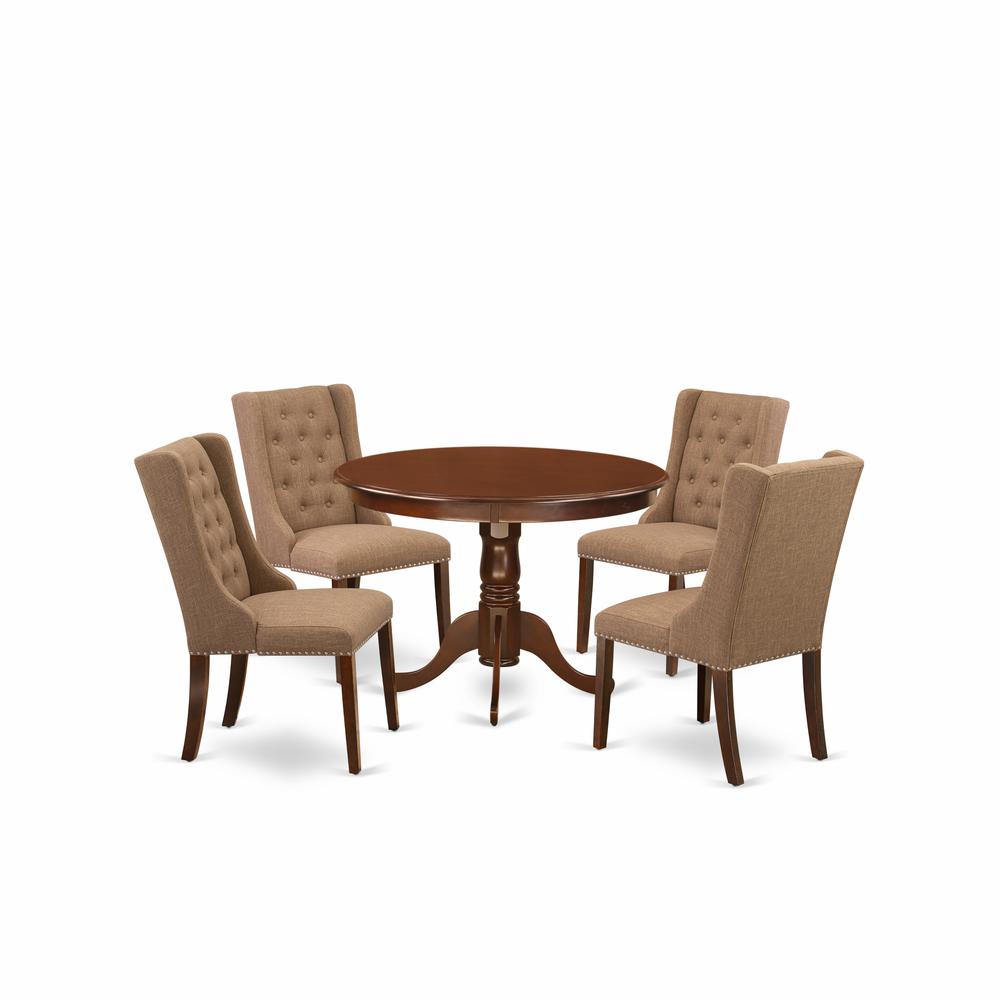 East West Furniture HLFO5-MAH-47 5-Piece Kitchen Dining Room Set Includes 1 Pedestal Table and 4 Light Sable Linen Fabric Parson Chairs with Button Tufted Back - Mahogany Finish. Picture 1