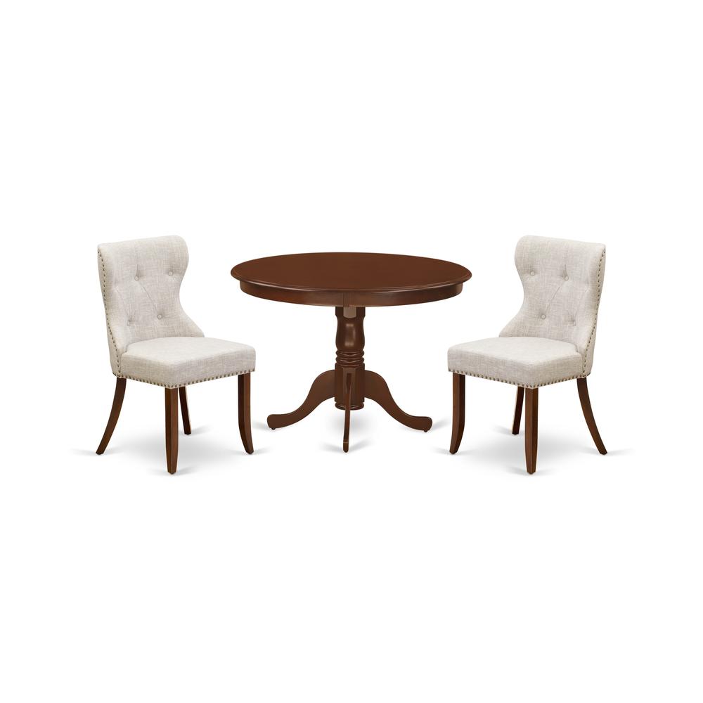 East-West Furniture HLSI3-MAH-35 - A dining set of two great parson chairs with Linen Fabric Doeskin color and a gorgeous 42-Inch Antique wooden dining table in Mahogany Finish. Picture 1