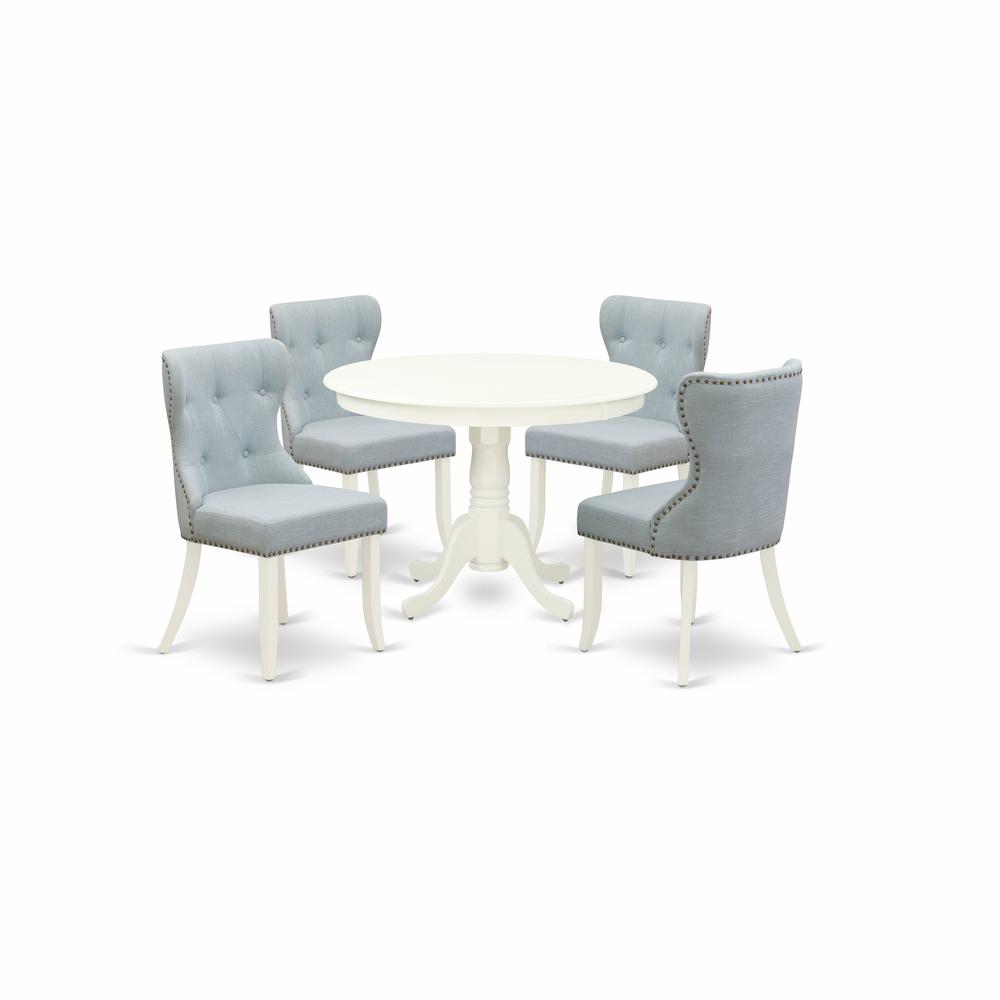 East-West Furniture HLSI5-LWH-15 - A dining set of 4 amazing kitchen dining chairs with Linen Fabric Baby Blue color and a beautiful 42-Inch Round dining table with Linen White color. Picture 1