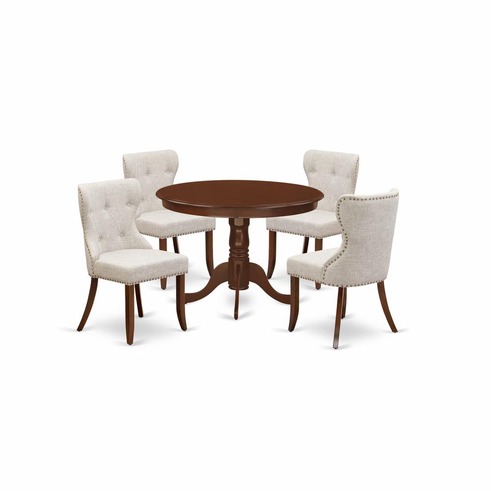 East-West Furniture HLSI5-MAH-35 - A dining room table set of 4 wonderful dining chairs using Linen Fabric Doeskin color and an attractive dinner table with Mahogany Finish. The main picture.