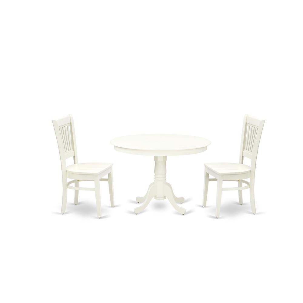 East West Furniture - HLVA3-LWH-W - 3-Pc Modern Dining Room Table Set- 2 Dining Room Chairs and Wooden Dining Table - Wooden Seat and Slatted Chair Back - Linen White Finish. Picture 1