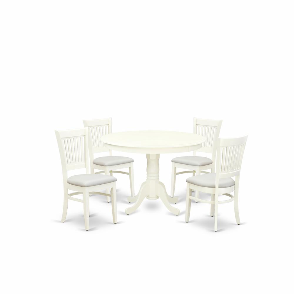 East West Furniture - HLVA5-LWH-C - 5-Pc Dining Room Table Set- 4 Dining Chairs and Modern Kitchen Table - Linen Fabric Seat and Slatted Chair Back - Linen White Finish. Picture 1