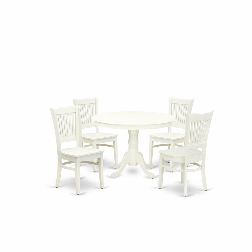 East West Furniture - HLVA5-LWH-W - 5-Pc dining room table Set- 4 Dining Room Chair and Wooden Dining Table - Wooden Seat and Slatted Chair Back - Linen White Finish. Picture 1