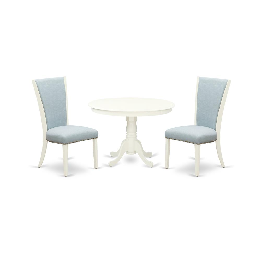 East-West Furniture HLVE3-LWH-15 - A wooden dining table set of two amazing dining chairs with Linen Fabric Baby Blue color and a fantastic 42-Inch Antique dining table with Linen White color. Picture 1