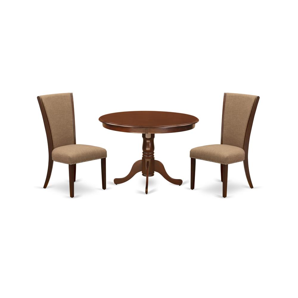 East-West Furniture HLVE3-MAH-47 - A dining set of two fantastic kitchen chairs with Linen Fabric Light Sable color and a lovely 42-Inch Antique dining table in Mahogany Finish. Picture 1