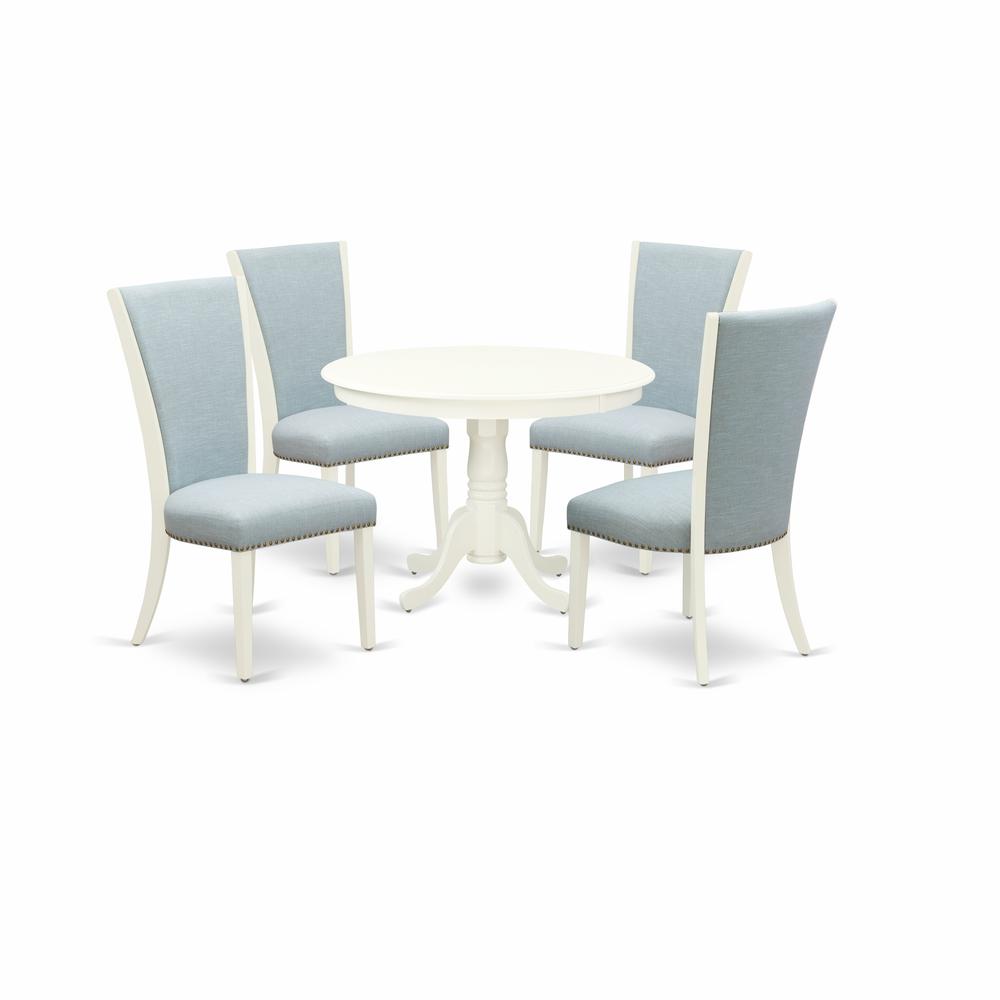 East-West Furniture HLVE5-LWH-15 - A dining table set of 4 fantastic parson dining chairs with Linen Fabric Baby Blue color and a stunning mid-century dining table with Linen White color. Picture 1