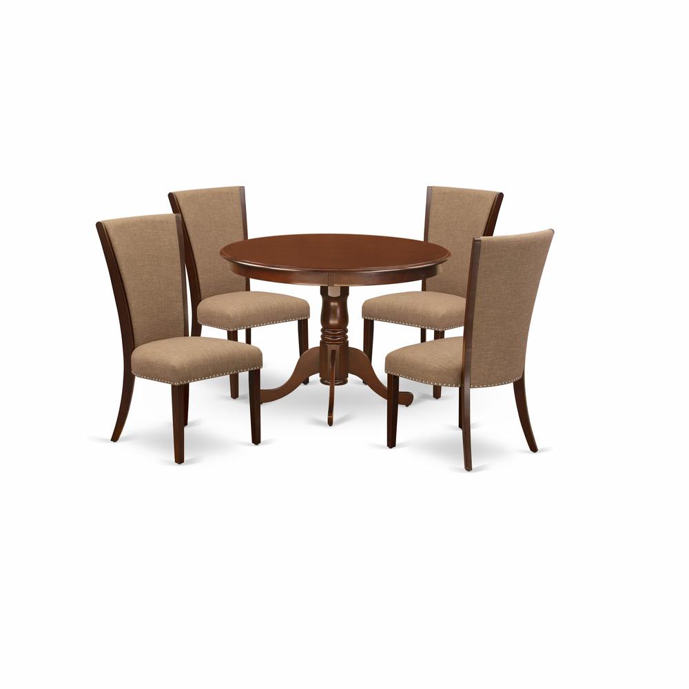 East-West Furniture HLVE5-MAH-47 - A dining room table set of 4 great dining chairs using Linen Fabric Light Sable color and a fantastic 42-Inch Round wooden table with Mahogany Finish. Picture 1