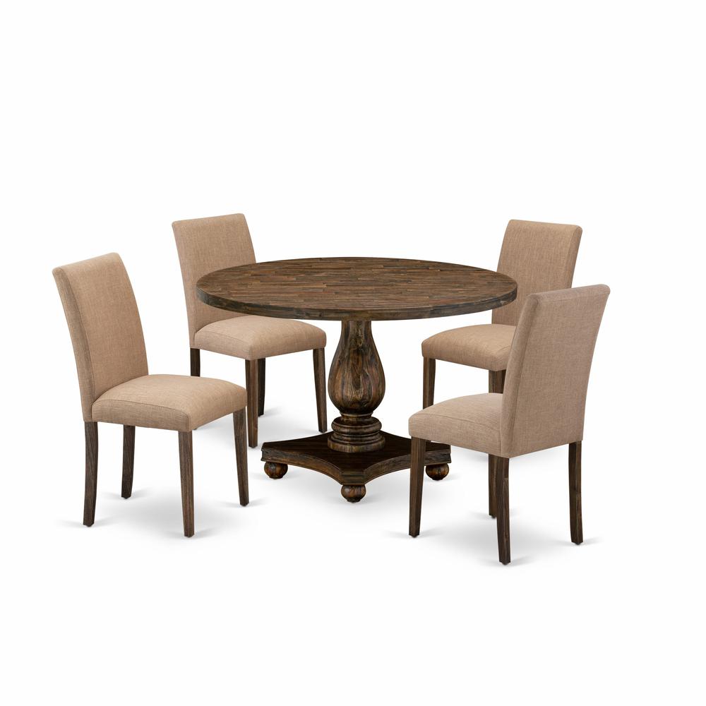 East West Furniture 5 Piece Mid Century Modern Dining Set Consists of a Dining Table and 4 Light Sable Linen Fabric Dining Chairs with High Back - Distressed Jacobean Finish. Picture 2