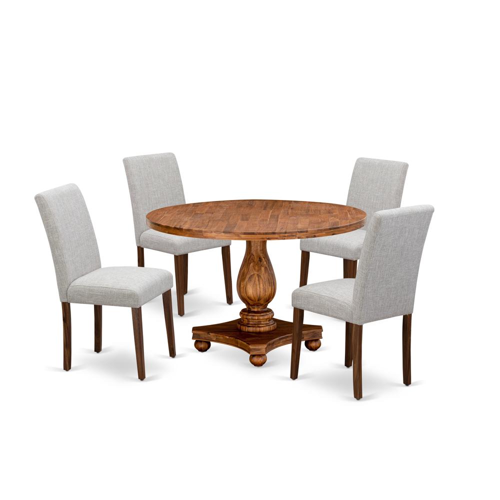 East West Furniture 5-Piece Kitchen Dining Table Set - Round Wood Table and 4 Doeskin Color Parson Kitchen Chairs with High Back - Antique Walnut Finish. Picture 1