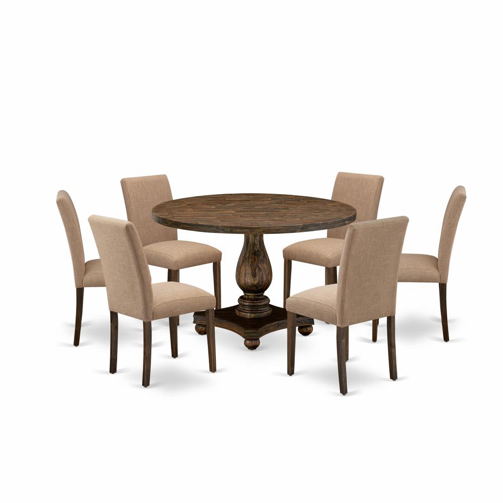 East West Furniture 7 Piece Dining Table Set Includes a Dining Room Table and 6 Light Sable Linen Fabric Mid Century Modern Chairs with High Back - Distressed Jacobean Finish. Picture 2