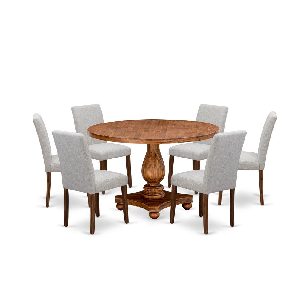 East West Furniture 7-Pc Dinner Table Set - Wooden Dining Table and 6 Doeskin Color Parson Wooden Chairs with High Back - Antique Walnut Finish. Picture 2